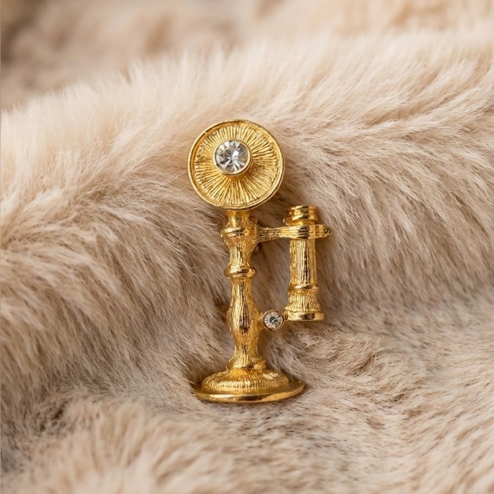 Vintage Gerry’s Candlestick Telephone Brooch Rhinestone Gold Tone 1970s